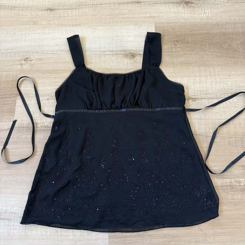 Y2K Grunge Fairycore Black Beaded Chiffon Tank Top Size Large